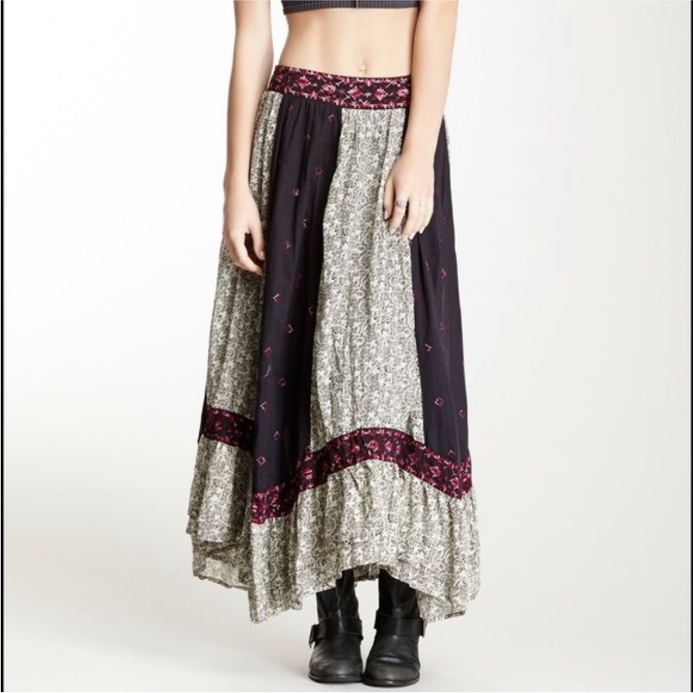 Free People Black and Cream Patchwork Maxi Skirt - Picture 2 of 6